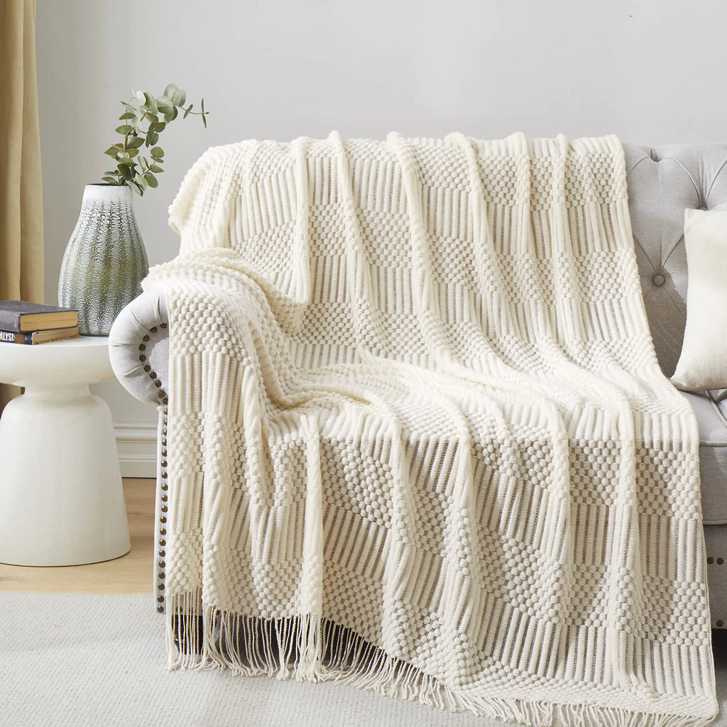 Off White Knitted Throw Blanket with Tassel 50"x60"